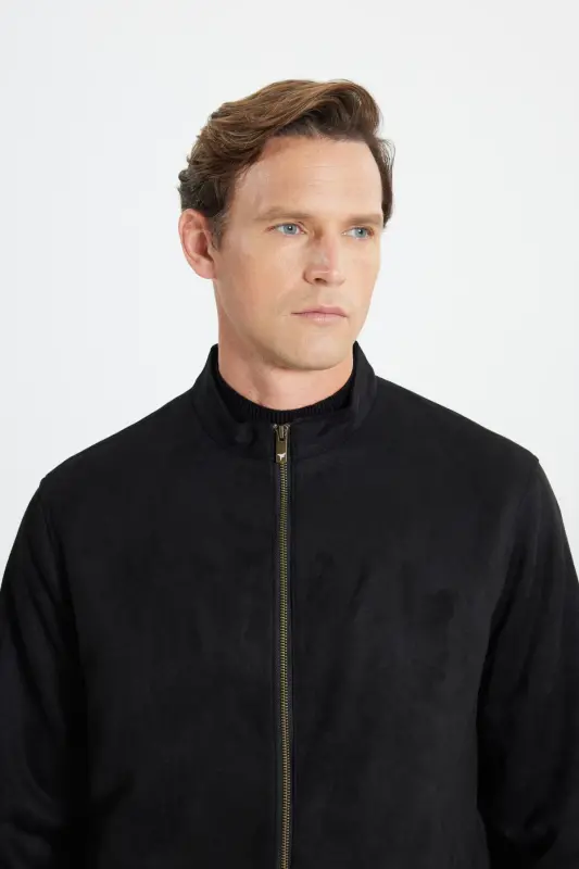 Men's Black Standard Fit Regular Cut Stand Up Collar Suede Jacket Coat - Black - 4