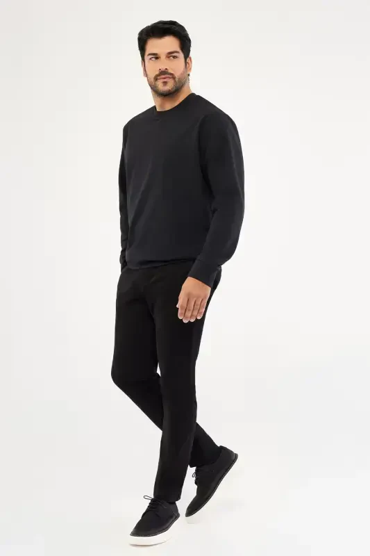 Men's Black Standard Fit Regular Fit 2 Yarn Cotton Crew Neck Sweatshirt-Black - Modazone