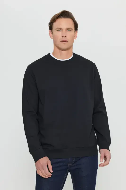 Men's Black Standard Fit Regular Fit 2 Yarn Cotton Crew Neck Sweatshirt-Black - 2