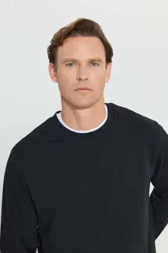 Men's Black Standard Fit Regular Fit 2 Yarn Cotton Crew Neck Sweatshirt-Black - 4