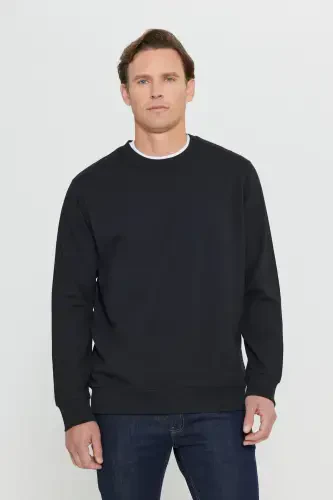 Men's Black Standard Fit Regular Fit 2 Yarn Cotton Crew Neck Sweatshirt-Black - 5