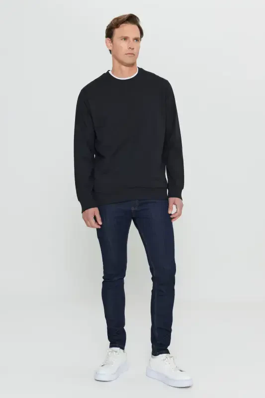 Men's Black Standard Fit Regular Fit 2 Yarn Cotton Crew Neck Sweatshirt-Black - 6