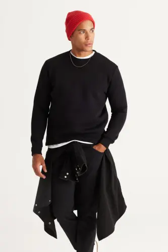 Men's Black Standard Fit Regular Fit Fleece Lined 3 Thread Crew Neck Cotton Sweatshirt-Black - 4