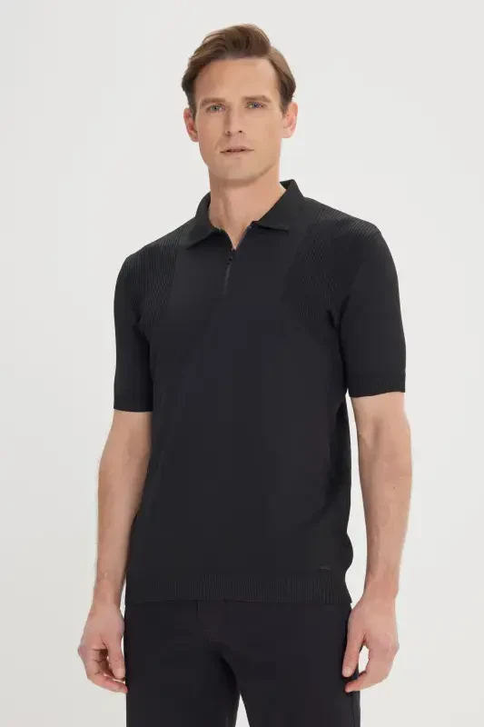 Men's Black Standard Fit Regular Fit Polo Neck Jacquard Knit T-Shirt-Black - 1