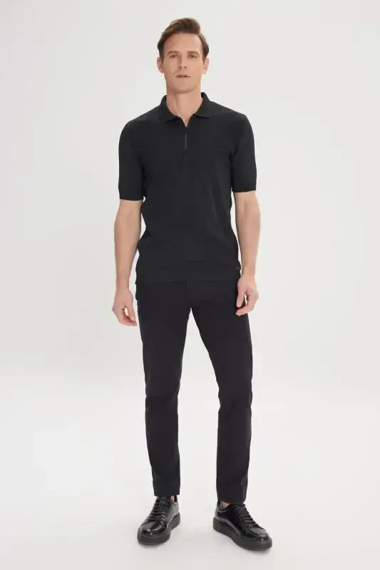 Men's Black Standard Fit Regular Fit Polo Neck Jacquard Knit T-Shirt-Black - 2