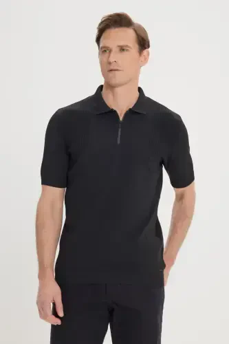 Men's Black Standard Fit Regular Fit Polo Neck Jacquard Knit T-Shirt-Black - 3