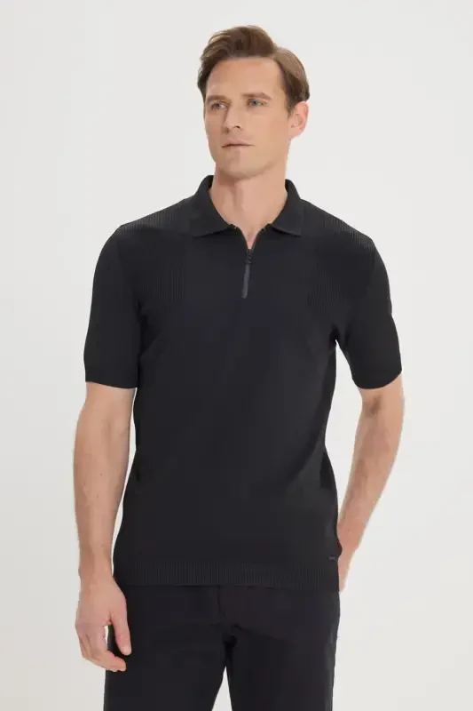 Men's Black Standard Fit Regular Fit Polo Neck Jacquard Knit T-Shirt-Black - 3