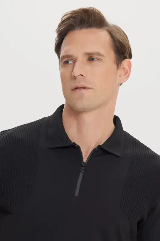 Men's Black Standard Fit Regular Fit Polo Neck Jacquard Knit T-Shirt-Black - 4