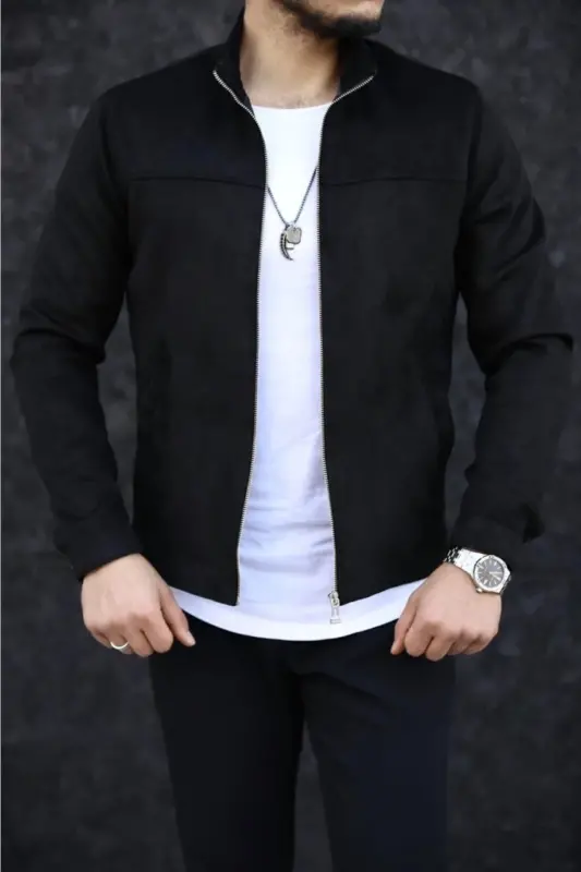 Men's Black Suede Spring Jacket-BLACK - 3