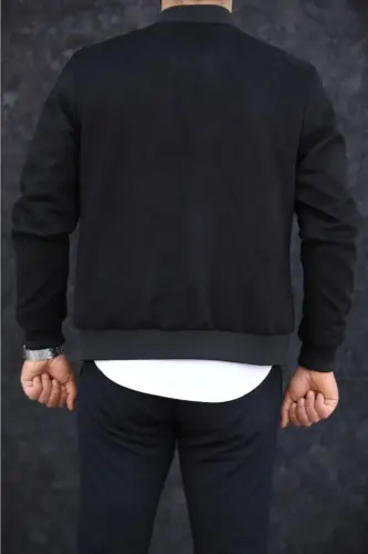 Men's Black Suede Varsity Jacket-BLACK - 3