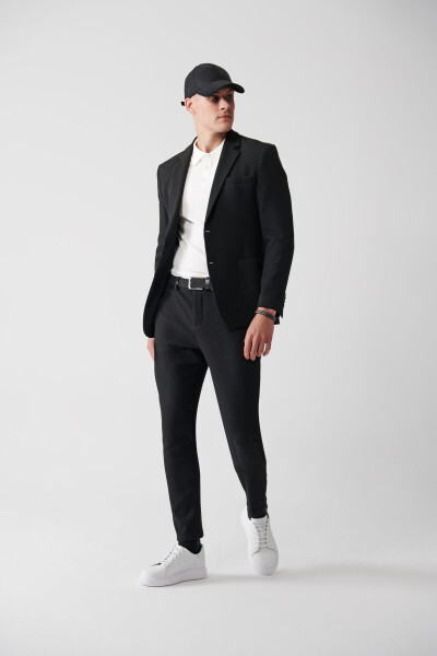 Men's Black Suit Pants with Side Pockets, Elastic Waistband, Wool, Stretch, Relaxed Fit A32y3201 - 2