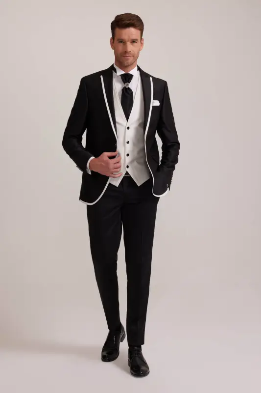 Men's Black Swallowtail Waistcoat with Patterned Slim Fit Groom Suit - YSF