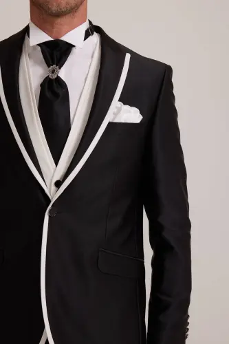 Men's Black Swallowtail Waistcoat with Patterned Slim Fit Groom Suit - 5