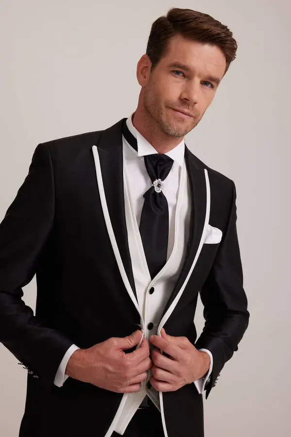 Men's Black Swallowtail Waistcoat with Patterned Slim Fit Groom Suit - 12