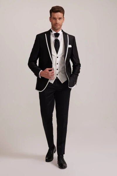 Men's Black Swallowtail Waistcoat with Patterned Slim Fit Groom Suit - 1