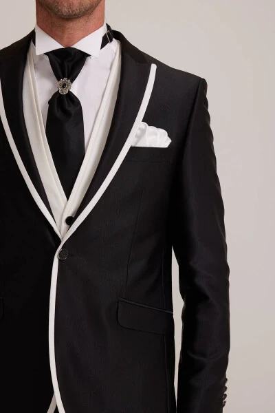 Men's Black Swallowtail Waistcoat with Patterned Slim Fit Groom Suit - 5