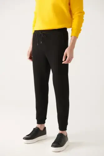 Men's Black Sweatpants 3 Thread Drawstring Elastic Cuff Regular Fit E003402 - AVVA (1)