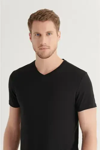 Men's Black T-shirt 100% Cotton V-Neck Regular Fit E001001 - AVVA (1)