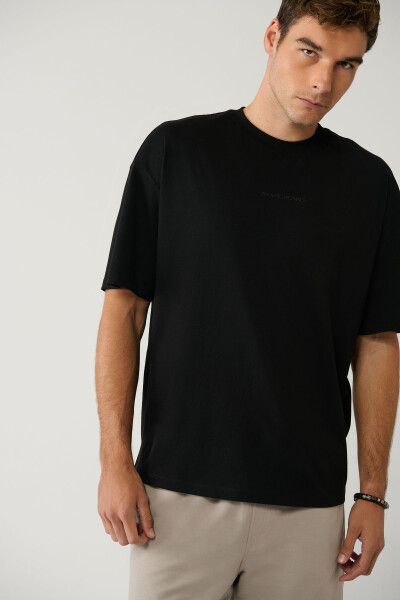 Men's Black T-Shirt Crew Neck Printed Cotton Oversize E001037 - 9