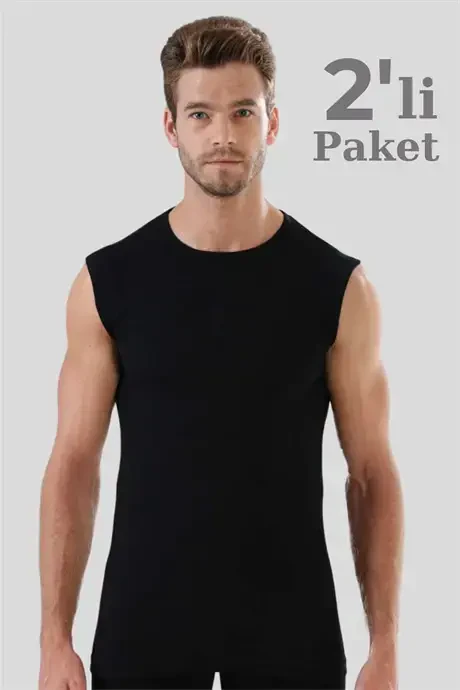 Men's Black T-Shirt Zero Sleeve Zero Collar Sleeveless Athletic 2-Pack 100% Cotton - BÜYÜKBEDENIZ