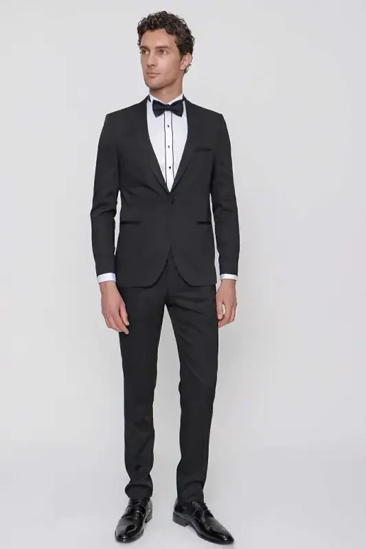 Men's Black Taiga Bow Tie Cummerbund Ceromonia Groom Suit - Black - MORVEN