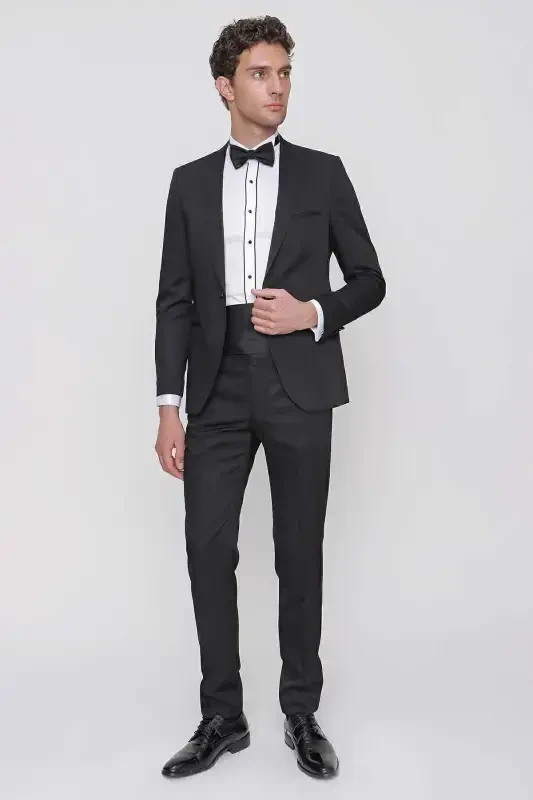 Men's Black Taiga Bow Tie Cummerbund Ceromonia Groom Suit - Black - 2