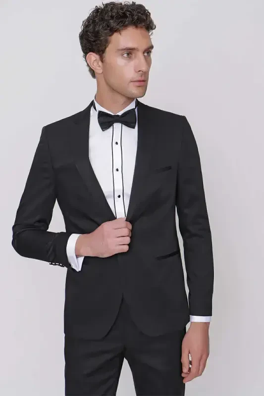 Men's Black Taiga Bow Tie Cummerbund Ceromonia Groom Suit - Black - 4