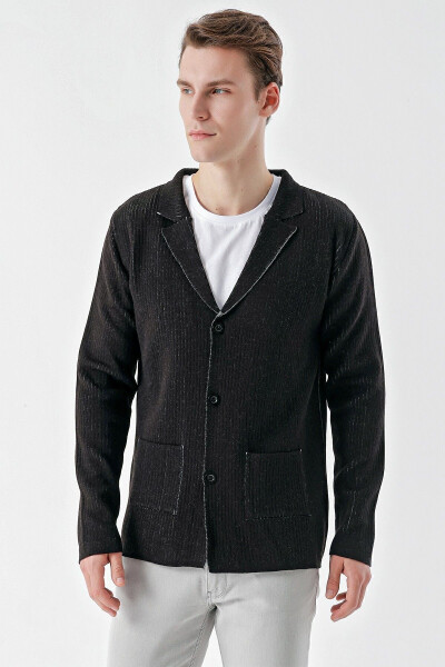 Men's Black Trendy Patterned Buttoned Knit Cardigan - 2