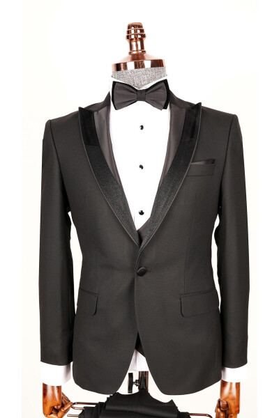 Men's Black Tuxedo Suit with Swallowtail Collar - 2