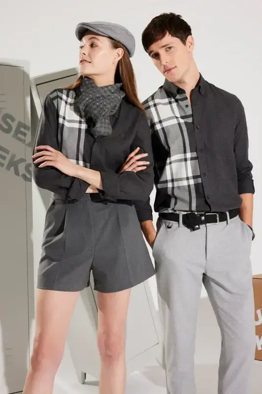 Men's Black Unisex Lumberjack Shirt Button Down Collar 100% Cotton Plaid Flannel Comfort Fit A32y2119 - AVVA