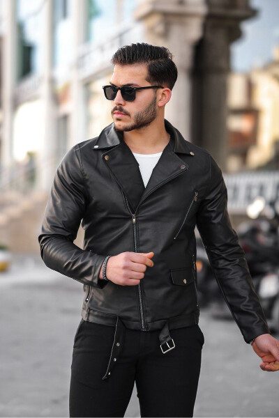 Men's Black Unlined Belted Leather Jacket - 1