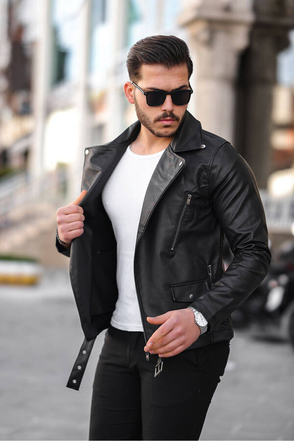 Men's Black Unlined Belted Leather Jacket - 2