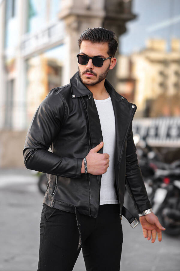 Men's Black Unlined Belted Leather Jacket - 3