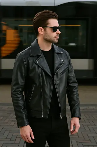 Men's Black Unlined Belted Leather Jacket - 3