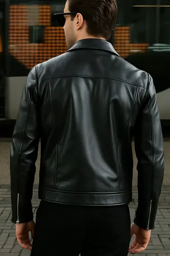Men's Black Unlined Belted Leather Jacket - 4