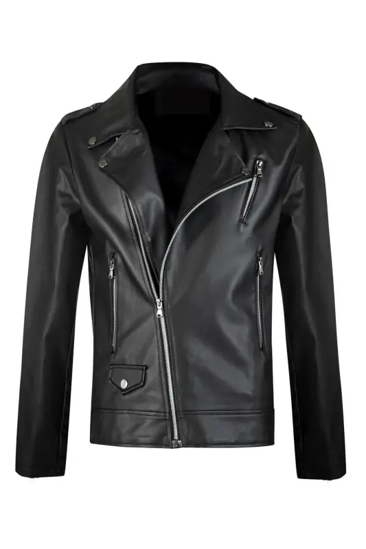 Men's Black Unlined Belted Leather Jacket - 5