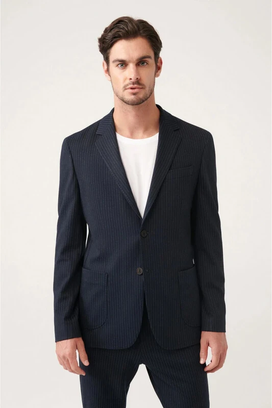 Men's black, unlined, stretch knit jacket with double vents. - 1