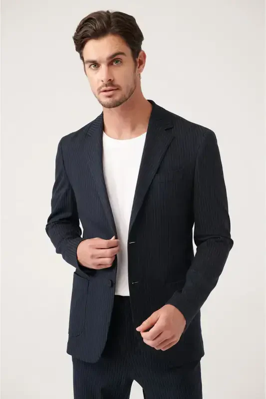 Men's black, unlined, stretch knit jacket with double vents. - 3