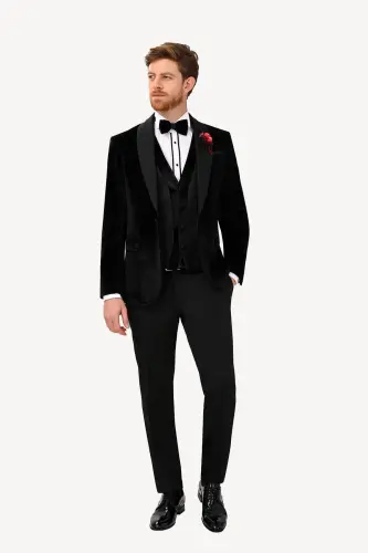 Men's Black Velvet Shawl Collar Slim Fit Groom Suit - YSF (1)