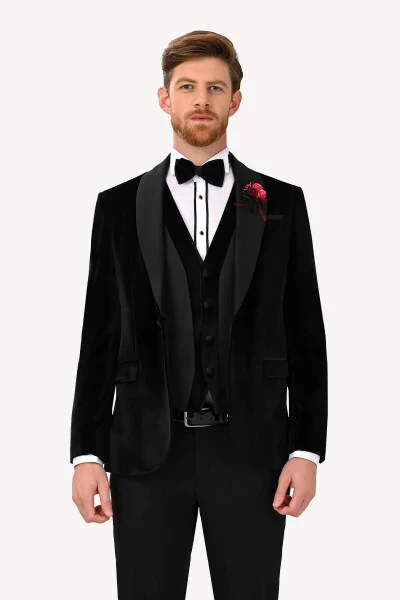 Men's Black Velvet Shawl Collar Slim Fit Groom Suit - 3