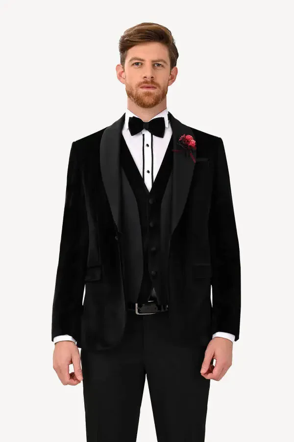 Men's Black Velvet Shawl Collar Slim Fit Groom Suit - 3