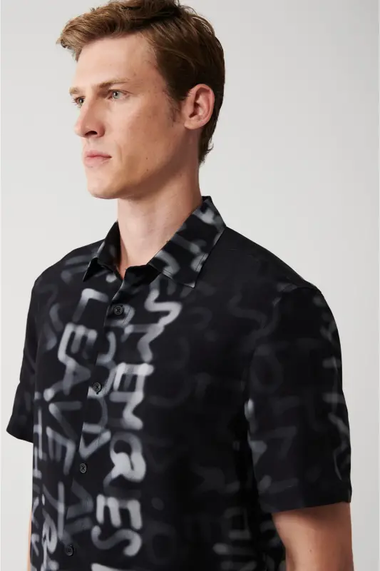 Men's Black Viscose Button-Down Collar Printed Short Sleeve Regular Fit Shirt A31y2200 - 3