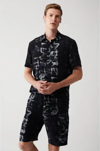 Men's Black Viscose Button-Down Collar Printed Short Sleeve Regular Fit Shirt A31y2200 - 4