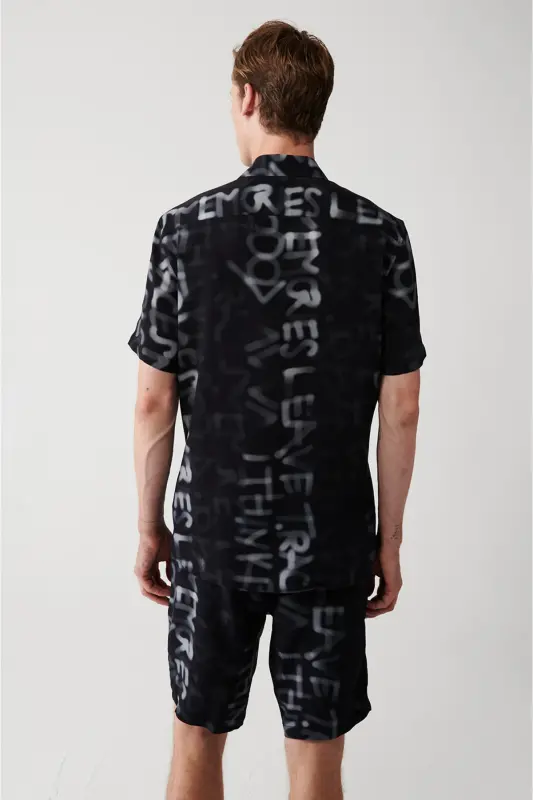 Men's Black Viscose Button-Down Collar Printed Short Sleeve Regular Fit Shirt A31y2200 - 5