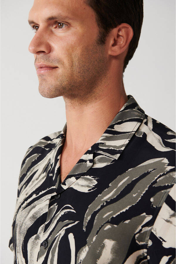 Men's Black Viscose Cuban Collar Leopard Print Short Sleeve Regular Fit Shirt A31y2195 - 3