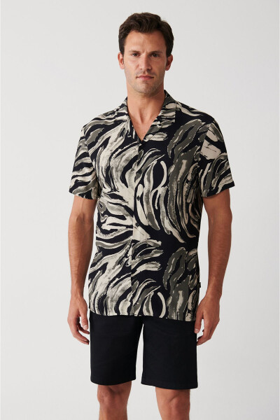 Men's Black Viscose Cuban Collar Leopard Print Short Sleeve Regular Fit Shirt A31y2195 - 4