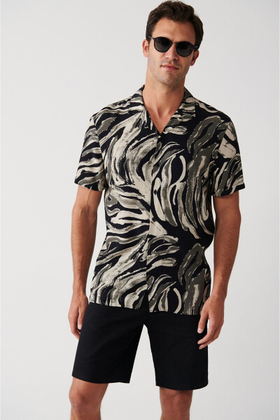 Men's Black Viscose Cuban Collar Leopard Print Short Sleeve Regular Fit Shirt A31y2195 - AVVA (1)