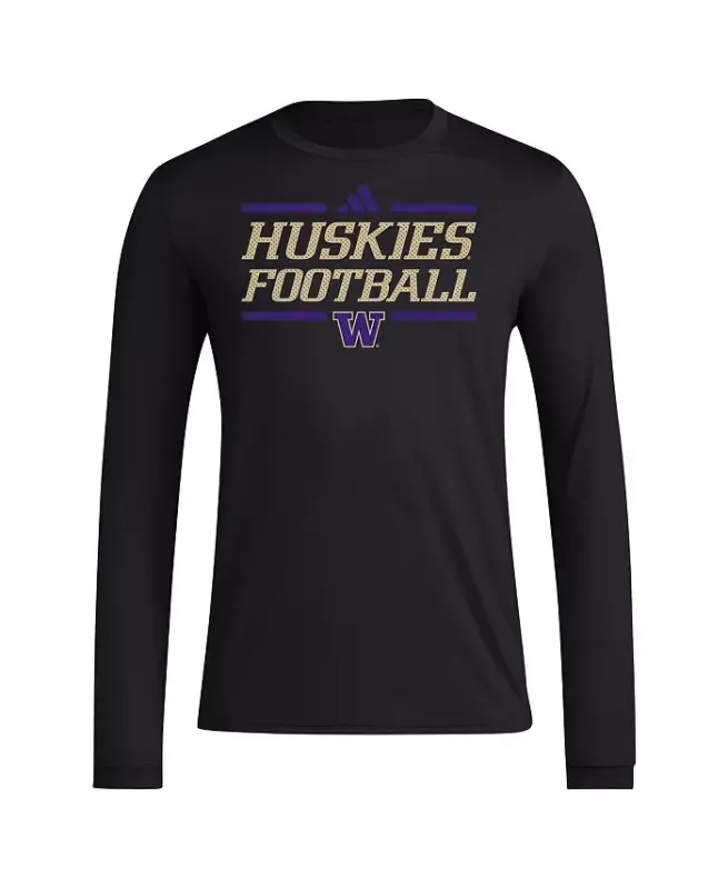Men's Black Washington Huskies Locker Football Pre-Game AEROREADY Long Sleeve T-Shirt-Black - 3