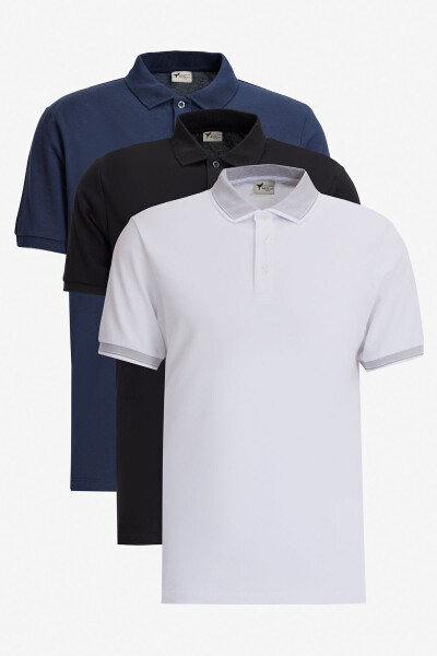 Men's Black-White-Navy 3 Pack Non-Iron Cotton Slim Fit Polo Neck T-Shirt 