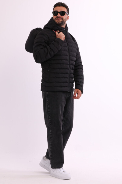 Men's Black Windproof Hooded Packable Lightweight Fleece Filled Sports Jacket - 6